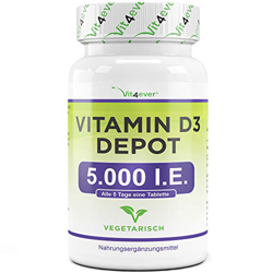 Vitamina D3 5000 I.E. Depot - 500 Comprimidos - Alta dosis - Vegetariano - Alta pureza - 5 dosis diarias 1000 I.E. por día precio