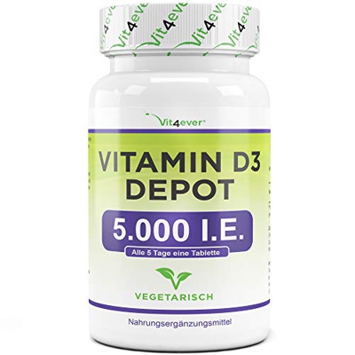 Vitamina D3 5000 I.E. Depot - 500 Comprimidos - Alta dosis - Vegetariano - Alta pureza - 5 dosis diarias 1000 I.E. por día