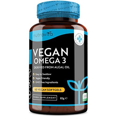 Omega 3 Vegano 2000mg - Omega 3 Cápsulas Vegetales Derivados de Algas - EPA 600mg y DHA 300mg - 60 Vegano Cápsulas de Alta Potencia - Hecho por Nutrav