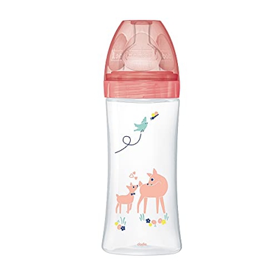 Dodie 3700763536613 - Biberón anticólico Sensation+, tetina plana, flujo de 3, 6 meses, color rosa Jardín, 330 ml, 1 unidad