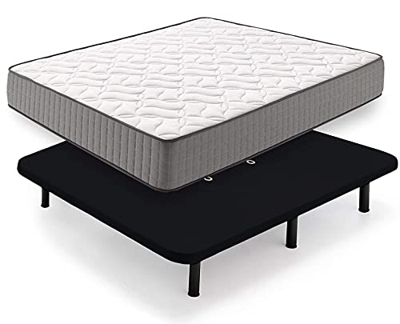 HOGAR24 HS14-Colchón Viscoelástico + Base Tapizada, en Color Negro, con Patas, Medida 135x190 cm, Núcleo Fresh Natur Alta Densidad Efecto Regenerador,