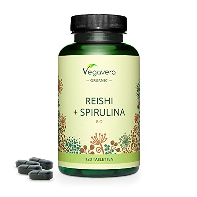 Espirulina & Reishi BIO Vegavero® | Dosis Más Alta: 1500 + 500mg | Test en Laboratorio | Sin Aditivos | Detox + Cansancio + Antioxidante | Spirulina E