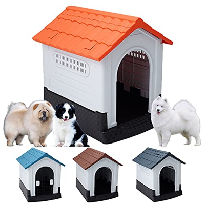 Caseta para Perros con Puerta, Caseta Perros Exterior Grande/Pequeña/Madera, Plastico Impermeable con Puerta, Refugio para Gatos Perros y Conejos, Cas