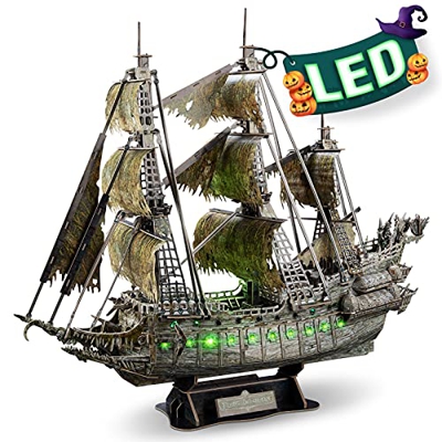 CubicFun Puzzle 3D LED Flying Dutchman Barco Pirata Maquetas para Construir Adultos, Maquetas de Barcos Fantasma de Iluminación Verde Puzzles 3D Kits 