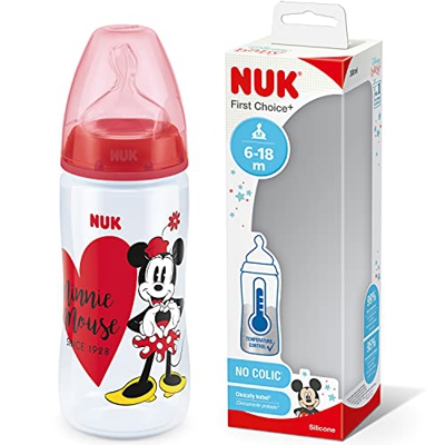 NUK First Choice+ Disney - Biberón para bebés de 6 a 18 meses, indicador de control de temperatura, botella de 300 ml con válvula anticólicos, sin BPA