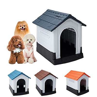 Caseta para Perros con Puerta, Caseta Perros Exterior Grande/Pequeña/Madera, Plastico Impermeable con Puerta, Refugio para Gatos Perros y Conejos, Cas