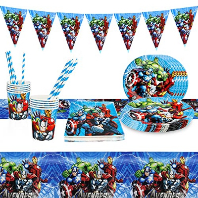 Yisscen Juego de Vajilla de Avengers para Fiesta de Cumpleaños Infantil Superheroes decoración de mesa Vajilla Navidad incluir Bandeja Vasos Mantel Se