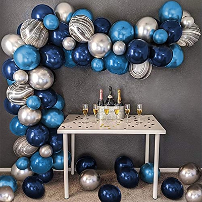 Arco Para Globos, Azul Kit de guirnaldas con globos,Globos Azul Marino,Metálicos Plata Azul Globos Ágata Negra Kit de Arco de Globos para Cumpleaños B