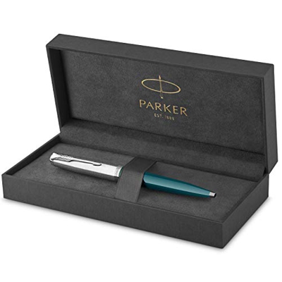 Parker 51 bolígrafo | cuerpo azul verdoso con adorno cromado | punta mediana con recambio de tinta negra | estuche de regalo