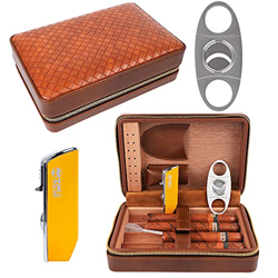 Time C Club Paquete de 4 Pièces d'Humidor Portable en Cuir de Voyage Texturé Tissé Marron, Coupe-cigare, Cave à Cigares et Humidificateur, Cadeau pour precio