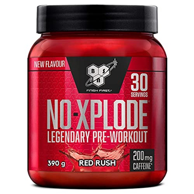 BSN N.O.-Xplode Pre-workout Powder, Suplemento Deportivo con Cafeína, Aminoácidos, Vitamina C y Zinc, Red Rush, 30 Porciones, 390 g, Embalaje Puede Va