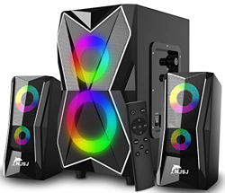 NJSJ 2.1 Sistema de Altavoces con Subwoofer, RGB Sonido Potente,20W de Pico,Graves Potentes, Entradas Audio 3.5 mm/RCA, Multidispositivos, Enchufe EU, características