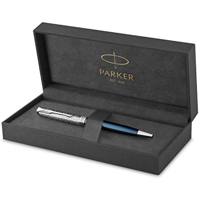 PARKER Sonnet Bolígrafo | Premium metal y lacado azul con acabado cromado | Punta mediana con recarga de tinta negra | Caja de regalo