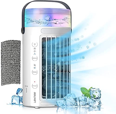 Lexmee Aire Acondicionado Portatil Silencioso, 5 en 1 Mini Enfriador de Aire 450ML Ventilador USB Humidificador Purificador, Luz Nocturna, 3 Velocidad