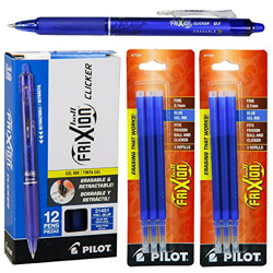 Pilot FriXion Clicker - Bolígrafos de tinta de gel retráctiles, borrables, punta fina de 0,7 mm, tinta azul, paquete de 12 con 2 paquetes de recambios características