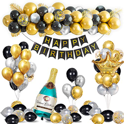 Decoraciones Cumpleaños Oro Negro, Globos Cumpleaños Oro Negro con Pancarta Happy Birthday, Globos Látex Confeti Plateado Cromado, Globo Lámina Corona en oferta