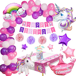 Unicornio Fiesta de Cumpleaños, Decoración Fiesta de Cumpleaños Niña, Unicornio Globos Pancarta de Feliz Cumpleaños Cake Toppers Rosa y Púrpura Globos características