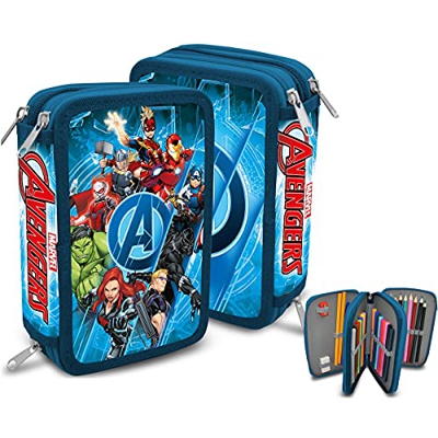 SKYLINE Estuche Escolar Plumier, Avengers, Estuche Tres Compartimentos, 13x19.5x6 cm, Gran Capacidad, Portatodo, Vuelta al Cole, Incluye 43 Piezas de 