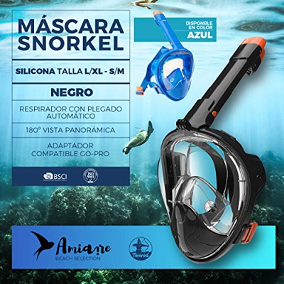 Amiaire - Nemrod. Mascara de Snorkel,180º Visión Panorámica -Mascara de Buceo de Cara Completa- Incluye Soporte cámara Deportiva -Respirador Plegable 