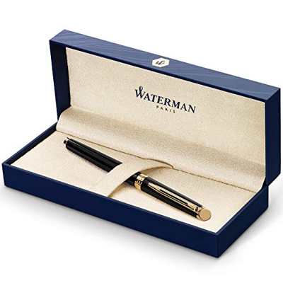 Waterman Hémisphère rotulador roller, con adorno de oro de 23 quilates, punta fina con cartucho de tinta negra, estuche de regalo, color negro brillan