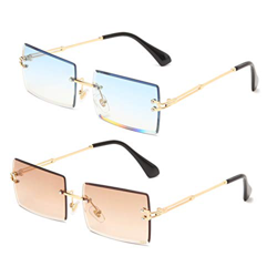 Long Keeper Gafas de sol rectangulares sin montura UV400 Gafas cuadradas sin marco de moda antideslumbrante para mujer (Marrón degradado dorado+Azul d en oferta