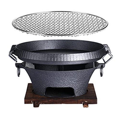 ROM Estufa de Barbacoa de Hierro Fundido con Base de Madera, Soporte de Combustible, aleación de Aluminio, Parrilla de carbón, Accesorios para Barbaco