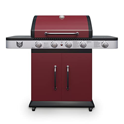 Barbacoa de gas Chief Lava 4 + 1 – Carro de barbacoa en color rojo – Diseño atractivo – 4 quemadores de acero inoxidable, 1 quemador lateral y parrill características