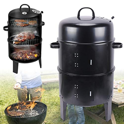 Parrilla redonda 3 en 1 de carbón y ahumador con indicador de temperatura, parrilla ahumadora de 2 niveles para jardín, camping, cocina al aire libre 