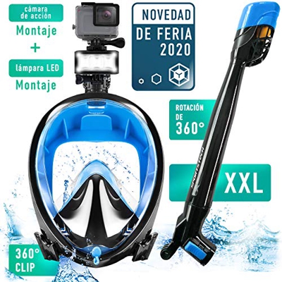 Co2 Máscara de Buceo con esnórquel de 360° +Clip rápido, LED y Soporte para la cámara | Sin respiración pendular | Máscara Snorkel Easybreath niños y 