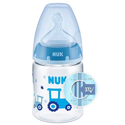 Nuk First Choice+ Biberón, 0-6 Meses, Control de Temperatura, Válvula Anticólico, Tetina de Silicona, Sin BPA, Tractor Azul, 150 Mililitros