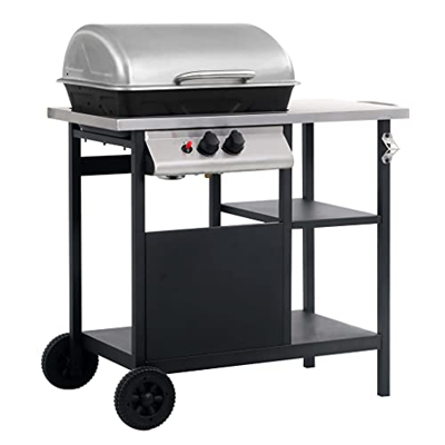 FAMIROSA Barbacoa portátil de Gas con mesita 3 estantes Negro y plateado-16KG