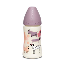 Suavinex Pret-a-porter Biberón +0 Meses con Tetina Redonda 3 Posiciones de Látex, Morado (Perritos), 270 ml precio