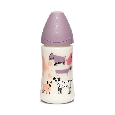 Suavinex Pret-a-porter Biberón +0 Meses con Tetina Redonda 3 Posiciones de Látex, Morado (Perritos), 270 ml