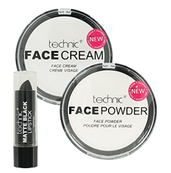 Technic Maquillaje De Halloween set Blanco Base Crema Blanca polvo y negro mate pintalabios características