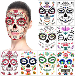 halloween tatuajes temporales de cara (8 hojas), halloween mascarada Día de los Muertos esqueleto cráneo cara completa tatuajes de maquillaje para muj características