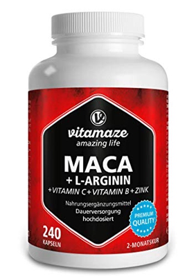 Vitamaze® Maca Pura Cápsulas de Alta Dosis 4000 mg + L-Arginina + Vitaminas + Zinc, 240 Cápsulas por 2 Meses, Maca Peruana de los Andina, sin Aditivos