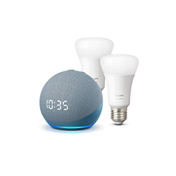 Echo Dot (4.ª generación) con reloj, Azul grisáceo + Philips Hue White Pack de 2 bombillas LED inteligentes, compatible con Bluetooth y Zigbee, no se  precio