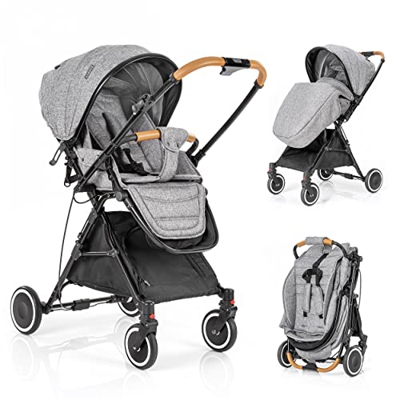 Zamboo - Silla de paseo ligera plegable - Carrito Bebe reclinable - Silla paseo con manillar reversible y plegado automático - Gris