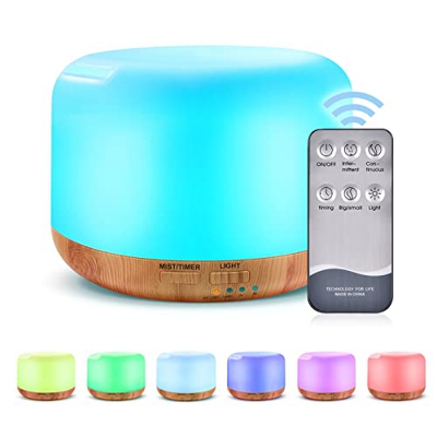 BNGXR Humidificador Ultrasónico 300ml, Difusor de Ambientador Aromaterapia Silencioso con LED de 7 Colores, Control Remoto Función para Temporizador H