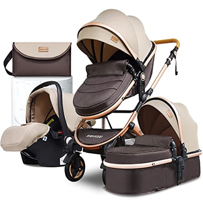 Babyfond Cochecito de bebe 3 en 1, Cochecito confort con capazo plegable, ligero Silla de paseo para bebé, desde el nacimiento hasta los 3 años (Caqui