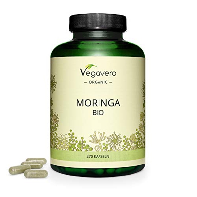 BIO Moringa Oleifera Vegavero® | La Dosis Más Alta: 1800 mg | 270 Cápsulas | Superfood: Proteínas, Vitaminas, Minerales y Omega 3 | Antioxidante | Lib