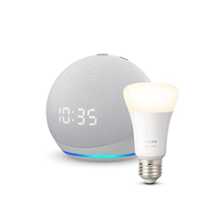 Echo Dot (4.ª generación) con reloj, Blanco + Philips Hue White bombilla inteligente, compatible con Alexa - Kit de inicio de Hogar digital precio