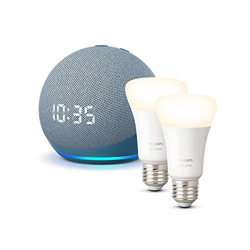 Echo Dot (4.ª generación) con reloj, Azul grisáceo + Philips Hue White Pack de 2 bombillas inteligentes, compatible con Alexa - Kit de inicio de Hogar precio