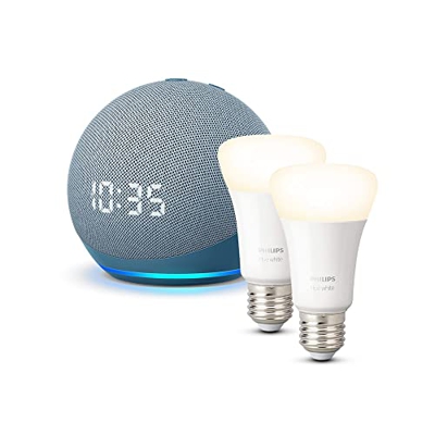 Echo Dot (4.ª generación) con reloj, Azul grisáceo + Philips Hue White Pack de 2 bombillas inteligentes, compatible con Alexa - Kit de inicio de Hogar