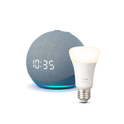 Echo Dot (4.ª generación) con reloj, Azul grisáceo + Philips Hue White bombilla inteligente, compatible con Alexa - Kit de inicio de Hogar digital precio