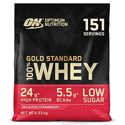 Optimum Nutrition Gold Standard 100% Whey Proteína en Polvo, Glutamina y Aminoácidos Naturales, BCAA, Fresa Deliciosa, 151 Porciones, 4,53kg, Embalaje