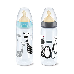 Pack 2 Biberones Baby Safari NUK de látex de 360ml con control de temperatura para bebés de 6 a 18 meses. Colores azul y negro características