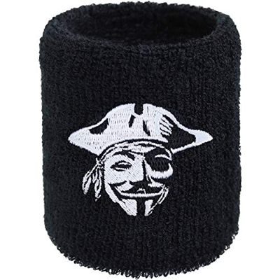 Pirate for Life - Muñequera para el sudor con bordado de Vendetta pirata, banda para el sudor bordada y absorbente, de rizo, color negro