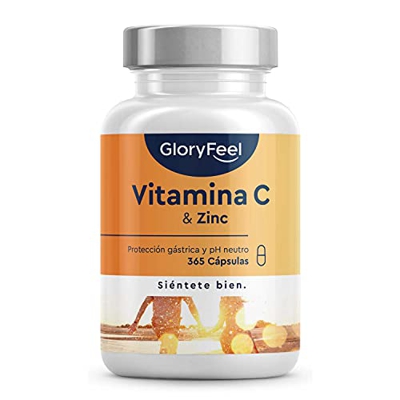 Vitamina C 1000mg + Zinc - 365 Cápsulas Veganas - Apoya el sistema inmunológico y reducen la fatiga - Vitamina C Tamponada con Protección gástrica y p