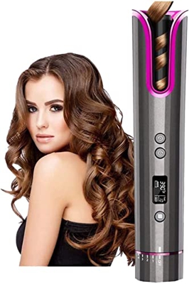 Rizador de pelo giratorio automático inalámbrico, rizador de pelo portátil, rizador automático con temporizador LCD de 4 temperaturas, recargable por 